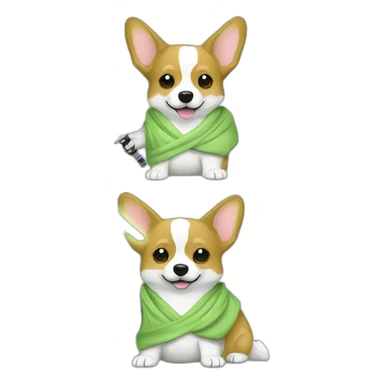 Corgi dress as yoda with one light saber green sticker