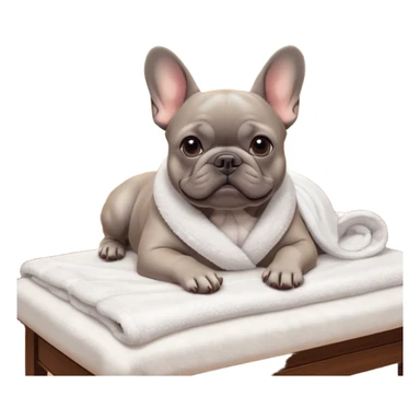 A gray French Bulldog lying relaxed on a professional massage table in a cozy spa room. Soft warm lighting, clean interior, gentle towels, peaceful atmosphere, detailed high-quality render, cute facial expression, realistic fur texture. sticker