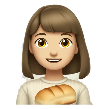 “A young girl with brown hair and short bangs, wearing a light sweater with yellow flowers. She’s holding a piece of bread and smiling softly.”  sticker