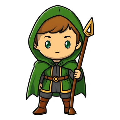 Rudeus Greyrat from Mushoku Tensei, green eyes, short light brown hair, wearing adventurer's outfit with a green cloak, holding a staff, confident and curious expression sticker