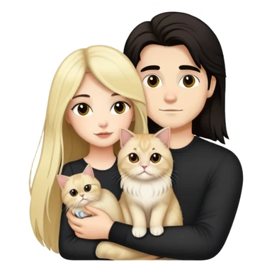 pretty girl with long dark hair holding a blonde persian cat beside her boyfriend holding a small black cat sticker