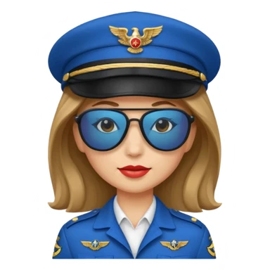 pilote d'avion femme cheveux brun clair avec sunglasses noires et chapeau de pilote et uniforme bleu sticker