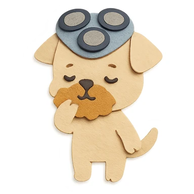 chibi electric shaver-dog hybrid, brushing its fuzzy face, creamy beige tones, full-body sticker