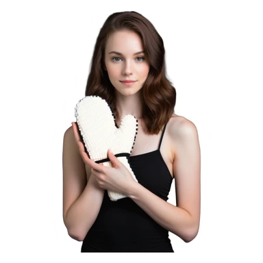 pale skintone woman with brown hair holding a tanning mitt sticker