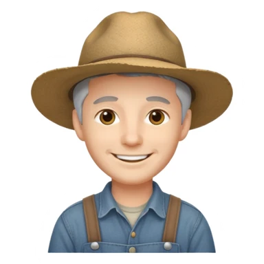 smiling young man with gray hair and a wide-brimmed farmer hat sticker