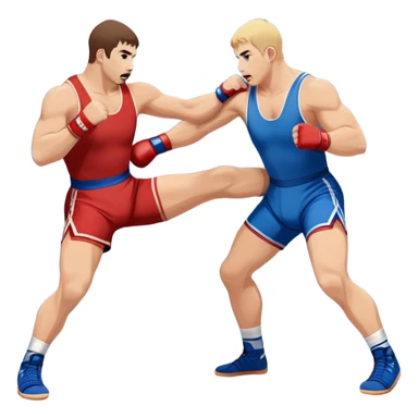 Two Sambo fighters in blue and red gis with shorts and wrestling shoes, executing gripping and throwing techniques. The fighters are engaged in a dynamic, action-packed moment with no strikes. The background features a wrestling mat, focusing on the technique and control. Transparent background  sticker