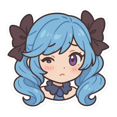 Gwen from League of Legends, chibi emote style, only head visible, right eye purple, shy expression, cute and expressive sticker