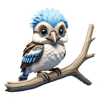 cinematic-kookaburra-realistic-full-body-perched-emoji,-compact-sturdy-frame-balanced-on-a-weathered-branch,-blue-and-white-feathered-wings-folded-neatly,-bold-striped-face-with-a-mischievous-glint-in-its-eye,-massive-sharp-beak-slightly-open-as-if-ready-to-laugh,-simplified-yet-realistic-focused-features,-highly-detailed,-glowing-with-a-warm-golden-light sticker