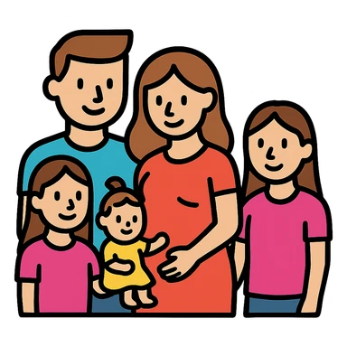 modern icon of a family group: dad, pregnant mom, two teen girls, and a small baby girl, showing affection and unity sticker