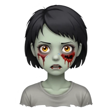 Zombie girl with messy black short hair in gray tshirt with lashes and torn cheek sticker