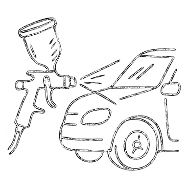 hand-drawn outlined icon of a paint spray gun pointing at a car section, light layer of glossy black paint spraying out, silver details, clean lines, no excess paint, clean and modern sticker