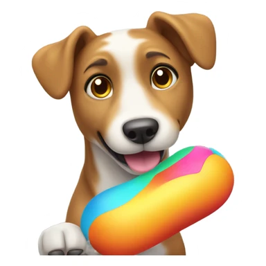 A dog using a toy sticker