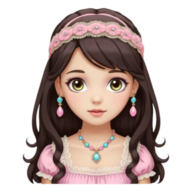 Gorgeous spectacular epic realistic mature anime-styled smooth soft shiny romantic pastel anime style lady with blushing cheeks, with a lace-maiden-headband, long beautiful luscious stylish hair, big pretty eyes, dark-brown hair, colorful pastel Lolita dress, necklaces, jewels sticker