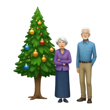 Old man and old woman standing next to a Christmas tree sticker