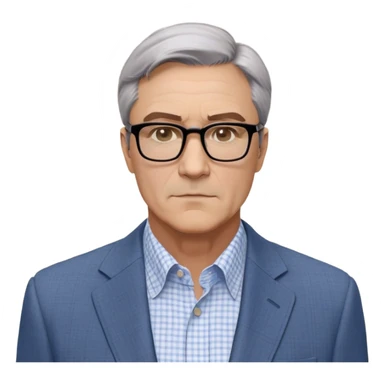 Middle-aged man around 50, square face with slight wrinkles, large dark square-framed glasses, short straight hair with subtle graying and side part. Composed serious expression. Wearing a light gray blazer over a white button-up shirt with blue checkered pattern. sticker