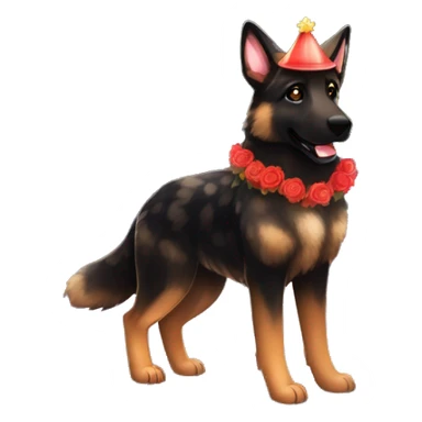 Bokeh Midnight constellation night stars Brindled striped brindle black German shepherd fox carrying glowing red lantern, fairy lights, rose flower crown, bokeh lights, out of focus blur sticker