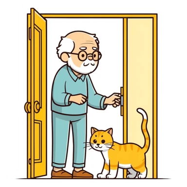  old blind man opening and closing the door four ￼his golden cat  sticker