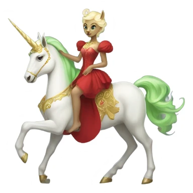 "galora green blonde alien woman" in red Victorian elegant dress, full body, rides unicorn gold and white
(NO WOKE)
 sticker
