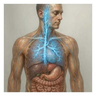 realistic detailed anatomical image of human body highlighting the vagus nerve, clear visible path of the vagus nerve, clinical atmosphere, visual effect suggesting improvement due to cold exposure such as blue glow or ice around the nerve, natural colors, transparency showing internal organs, neutral background sticker