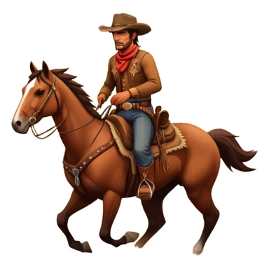 An icon representing an adventure game, inspired by Red Dead Redemption II. The design features a rugged cowboy riding a galloping horse across an open prairie, with towering mesas, cacti, and a golden sunset in the background. The atmosphere conveys freedom, action, and the thrill of the untamed frontier. Transparent background. sticker
