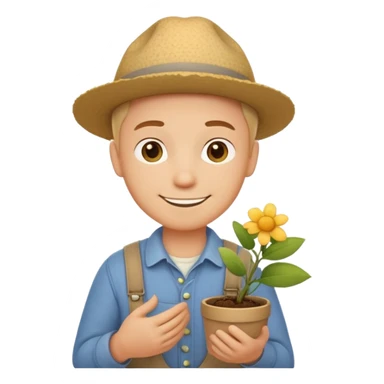 A calm, friendly male cartoon character with light skin, simple farm clothes, warm smile, holding a small plant or flower, stylized as a cute, readable emoji icon with soft earthy color sticker