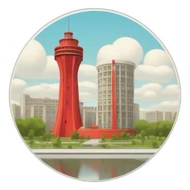 Constructivism ussr style round shape with tower building sticker