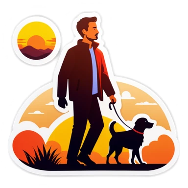 Man and dog walking in sunset  sticker