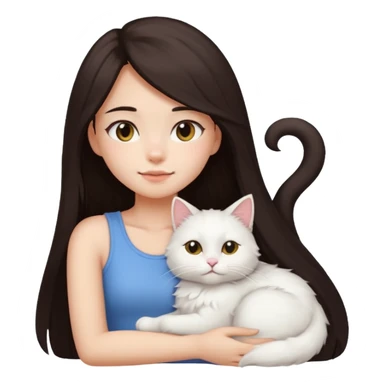 a girl with long dark hair and a white fluffy cat lying on her left shoulder and neck, emoji style, suitable for Discord and Slack sharing sticker