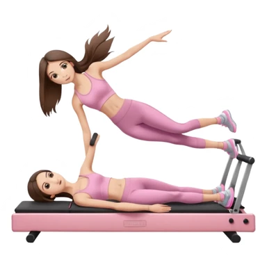 pretty skinny white brunette teen long hair with hazel eyes and a small waist in light pink workout clothes in a plank on a pilates reformer sticker