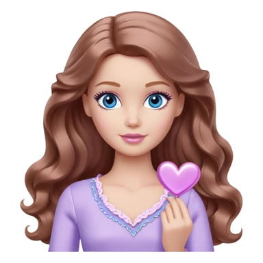 Barbie girl Chestnut long wavy hair and blue eyes is In pale purple clothes a silver heart  sticker