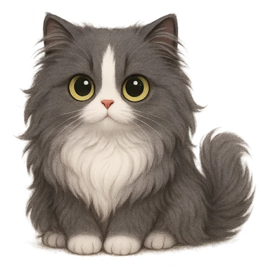cute Persian cat with long gray fur, white spot on forehead, white chest, big cute yellow-green eyes, adorable style sticker