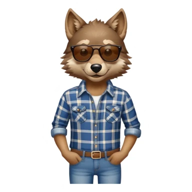 head and shoulders friendly brown-furred anthropomorphised wolf in plaid shirt and jeans, wearing dark sunglasses, relaxed pose sticker