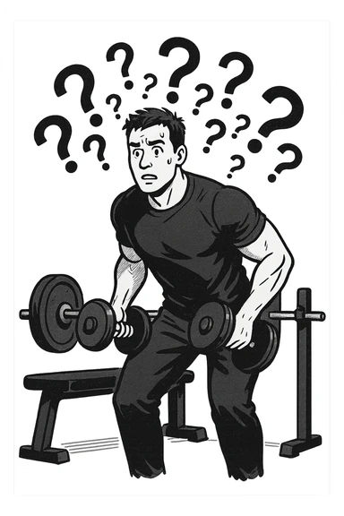 Uomo in palestra mentre si allena con tanti punti interrogativi intorno, confuso sticker