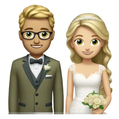 Wedding couple. Bride has brown hair pinned up. She wears lace dress. She has blue eyes. Groom has olive green suit and brown vest. He has blond hair. He wears glasses. He has blue eyes. sticker