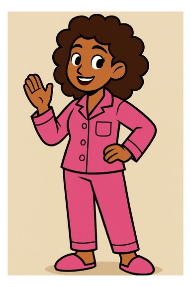 modern style medium skin woman with curly brown hair wearing pink pajamas, neutral background sticker