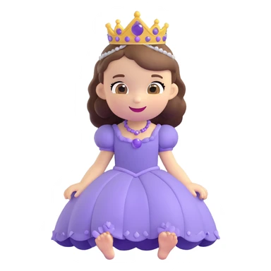 Sofia the First as a 3D emoji, sitting with her animal friends, in her purple dress and tiara, joyful sticker
