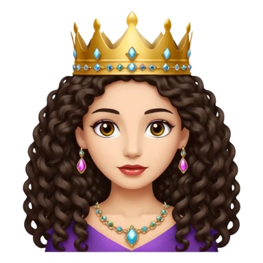 Queen with long dark curly hair, dark brown eyes, light olive skin tone. can you make the skin tone lighter? sticker