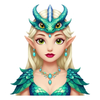 Am amazing blend of a half dragon woman with glittering jeweled scales covering her body. She has large almond shaped eyes, lush lips, and she wears a stunning luminescent gown. sticker