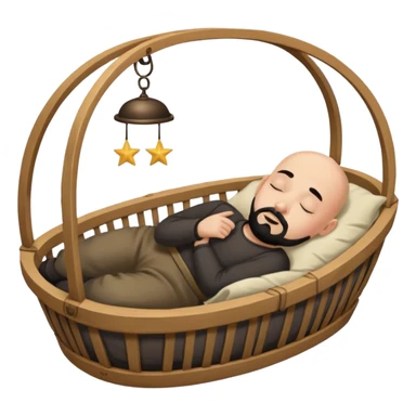 a bald man with a black goatee sleeping in a cradle sticker