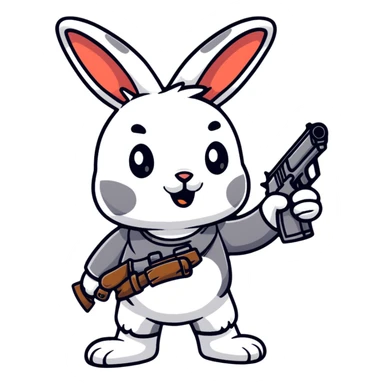 A cartoon rabbit holding and shooting with a gun sticker