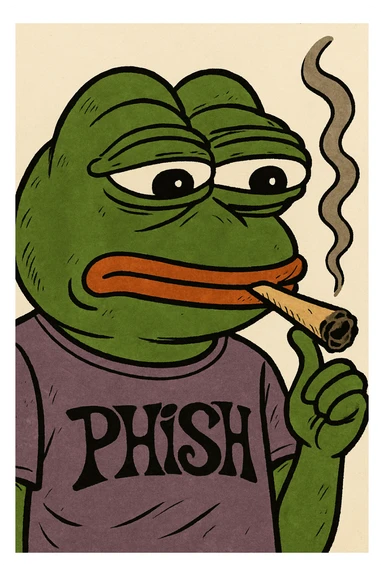 Add a Phish band t-shirt to Pepe the Frog while he is smoking a joint, keeping the Pepe meme style consistent and recognizable. sticker