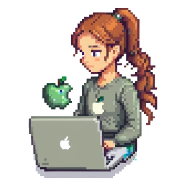 girl with ponytail using a laptop with an apple logo, simple background, pixel art style sticker