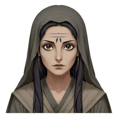 Mirri Maz Duur is a weathered, middle-aged Lhazareen woman with deep-set dark eyes, high cheekbones, and a sharp nose, giving her a stern, knowing expression. Her long, unkempt dark hair streaked with gray falls loosely over her shoulders, and her earth-toned, tattered robes mark her as a humble healer. Despite her frail appearance, she exudes an aura of mystery and menace, her hands stained with herbs and blood from both healing and dark sorcery. sticker