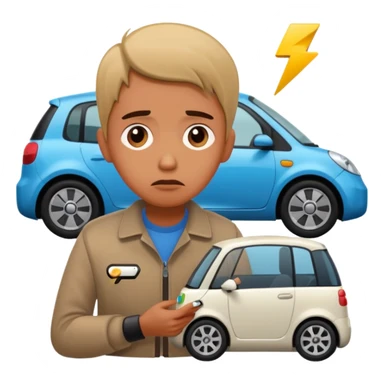 Sad person at low-battery icon next to EV. sticker