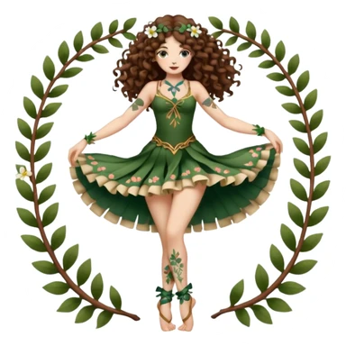 full body woman long curly brown hair brown eyes white skin tattoos forest nymph dancer pose, petal ribbons around legs sticker