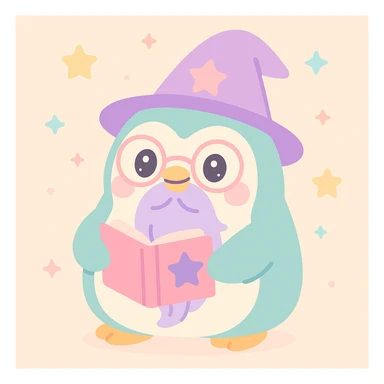 a chubby penguin wizard with glasses, a long beard, and a spellbook, in a fantasy illustration style sticker