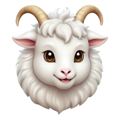 Cinematic Cute White Goat Portrait Emoji, Head tilted playfully and inquisitively, featuring a fluffy, immaculate white fur with charming curved horns, round, sparkling eyes filled with gentle curiosity, Simplified yet irresistibly adorable features, highly detailed, glowing with a warm, friendly glow, high shine, affectionate and lively, stylized with a touch of whimsical charm, bright and endearing, soft glowing outline, capturing the essence of a mischievous yet loving goat, so playful it feels like it could trot out of the screen and into your arms! sticker