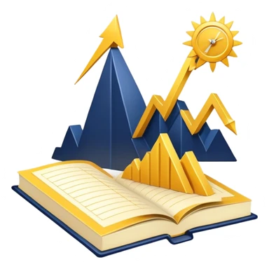 A yellow productivity book with navy blue and gold details, and chart with upward trend aura, radiating productivity, strategy, and success in motion with time and happiness yellow... power in time aura of happiness sticker