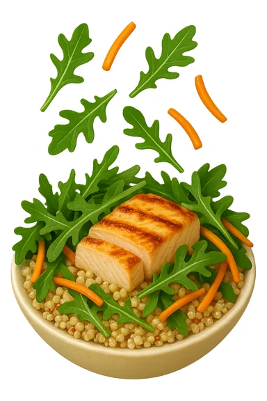 EMOJI STILE IPHONE DI Insalata di quinoa e pollo con rucola e carote che cade verticalmente dall'alto, iperrealistica 4k sticker