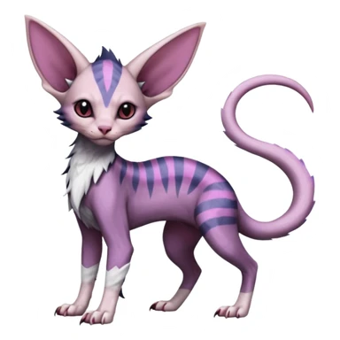 Furry, scaly, Purple, white, black, Minccino-Sphynx-Lykoi-Linoone-Zangoose-fusion-hybrid-animal-Fakémon-creature, full body, thin long sleek scaly tail, intricate markings sticker